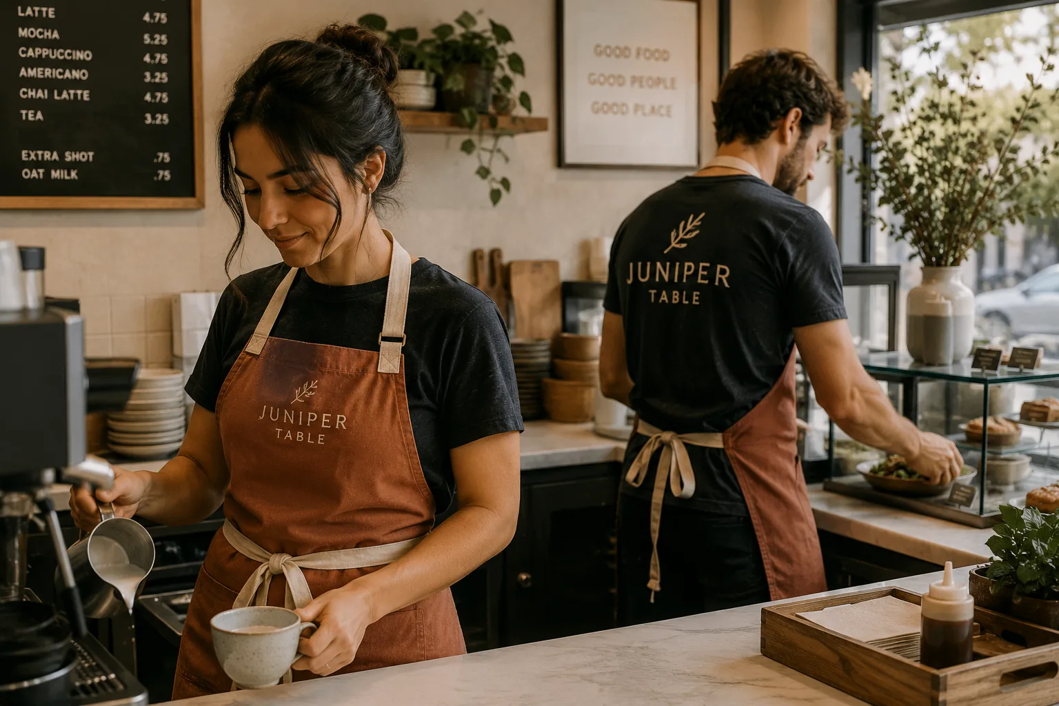 Cafe staff in canvas aprons and embroidered tees working behind a counter.