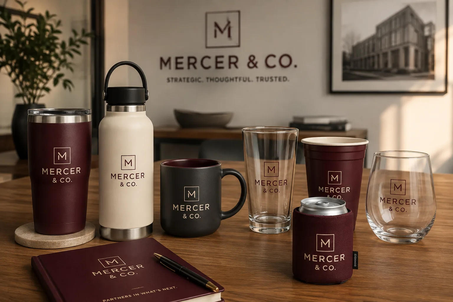 A run of branded drinkware on a counter: insulated tumblers, a water bottle, ceramic mugs, pint and stemless glasses.