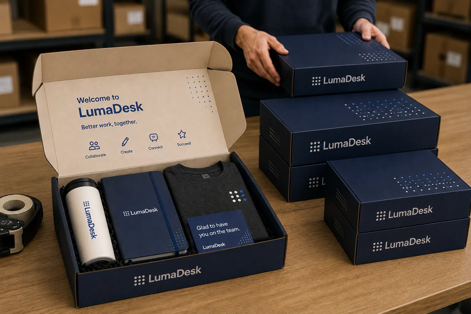 An open onboarding kit holding a branded tumbler, notebook, tee, and welcome card, with more sealed kits stacked beside it in a fulfilment room.