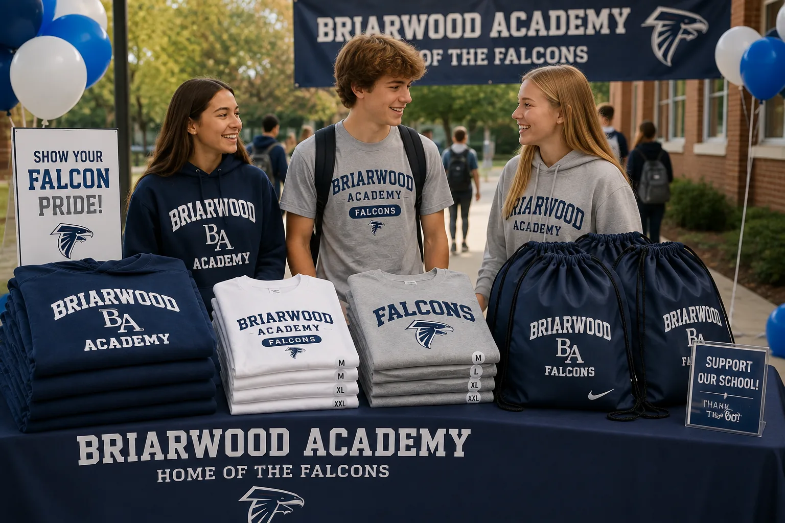 Students in academy hoodies and tees beside a stack of folded spirit wear and printed drawstring bags.