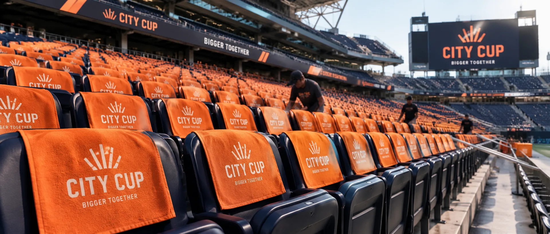 Rows of stadium seats with a branded orange rally towel draped over every seat, crew still placing them, the same mark on the scoreboard beyond.