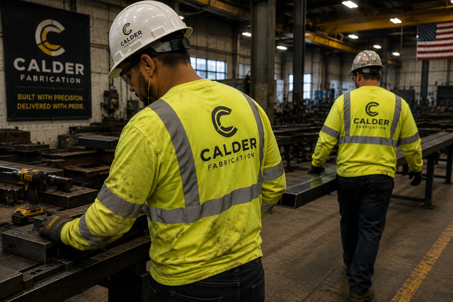 Two fabricators on a shop floor in hi-vis safety-yellow long sleeves with a company logo across the back.