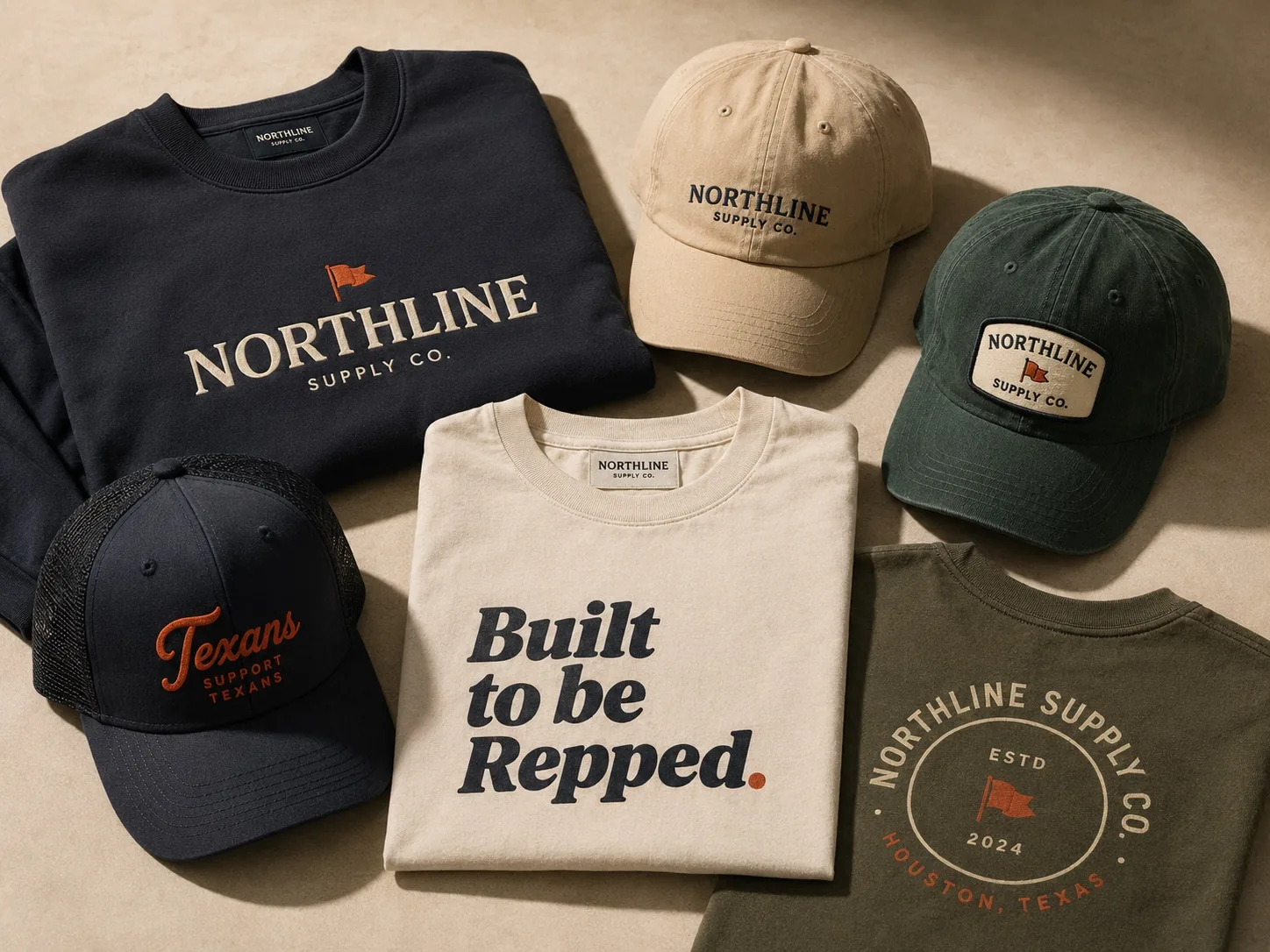 Folded embroidered sweatshirts, tees, and caps in navy, olive, and cream, laid out on a tan surface.