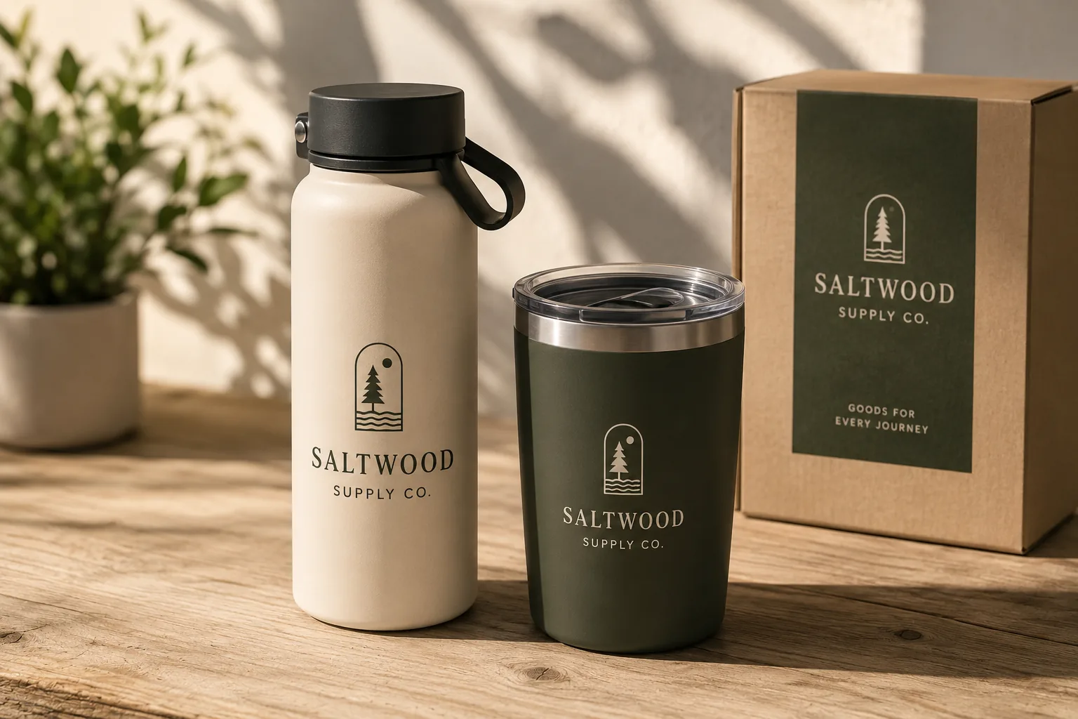 A cream insulated water bottle and olive tumbler with an embossed logo, beside a kraft gift box, on a sunlit wooden table.