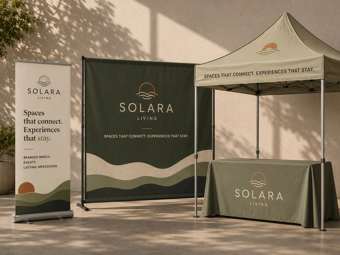 A retractable banner, printed backdrop, branded tent canopy, and fitted table cover set up outdoors.